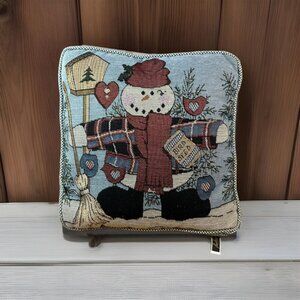 Christmas Winter Country Snowman 12” Throw Pillow Blue Green Gingham Plaid Back